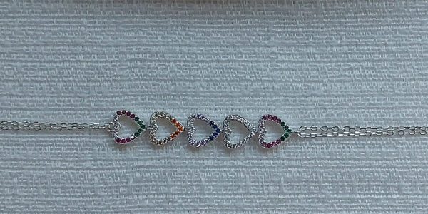 Pulseira Cinco Corações Cravejados Colors Prata